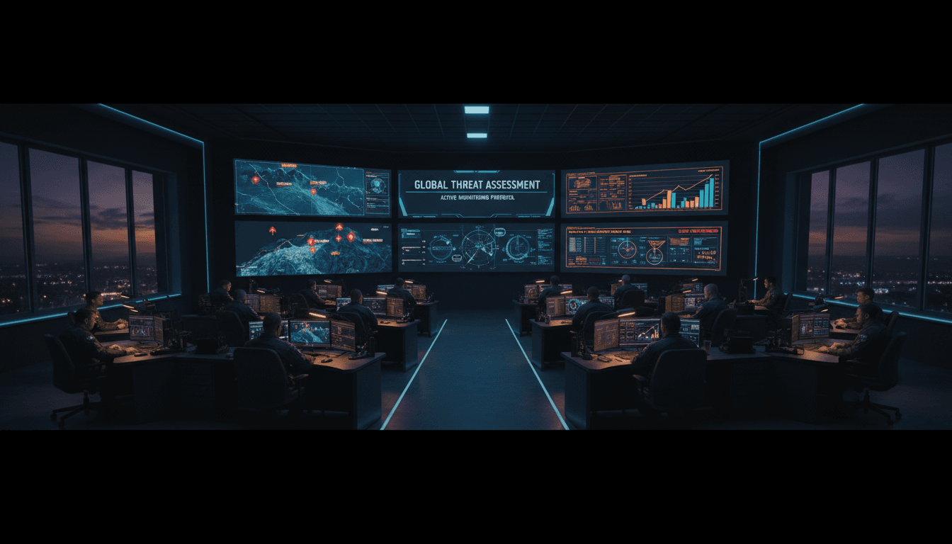 Command and control operations center with personnel monitoring multiple digital displays showing aerial surveillance feeds and threat detection data